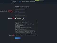 Tworzenie konta Steam, wpisanie adresu e-mail i potwierdzenie akceptacji warunków, aby móc dokonać steam aktywacja klucza.
