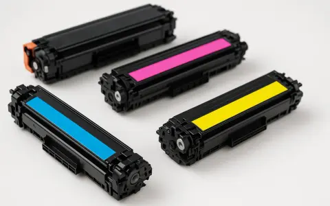 Kolorowe tonery do drukarki laserowej: niebieski, różowy, żółty i czarny.