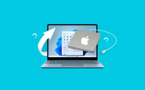 Jak zmienić hasło w komputerze? Laptop z systemem Windows i podłączony dysk Apple. Strzałka i znaki zapytania sugerują proces zmiany.