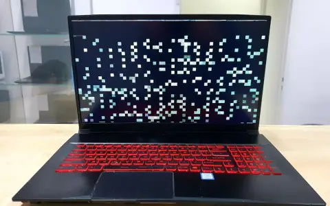 Laptop z artefaktami na ekranie, wskazującymi na problemy z kartą graficzną. Klawiatura podświetlona na czerwono.