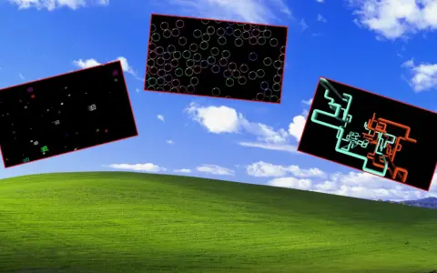 Trzy czarne prostokąty unoszą się nad zielonym wzgórzem, przypominając wygaszacz ekranu Windows 11. Jeden zawiera kolorowe bańki, drugi ikony, a trzeci abstrakcyjne, kolorowe rury.