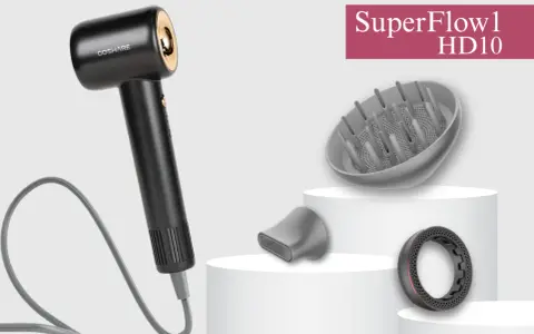 Czarna suszarka COSHARE z technologią jonizacji, dyfuzorem i koncentratorem. SuperFlow1 HD10.