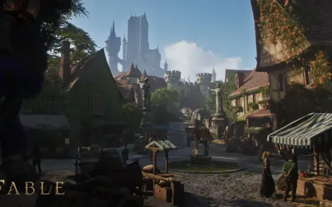 Urocza wioska z kamiennymi domami i zamkiem w tle, jak z gry Fable 2 PC.
