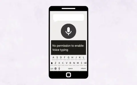 Telefon wyświetla komunikat: brak uprawnień aby włączyć pisanie głosowe. Ikona mikrofonu jest szara.