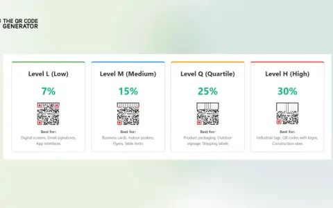 Poziomy korekcji błędów przy generowaniu kodu QR: L (7%), M (15%), Q (25%), H (30%). Wybierz poziom zależnie od zastosowania.