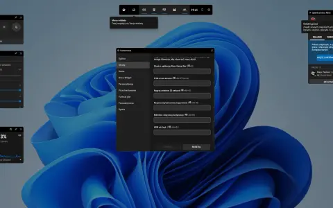Ustawienia nagrywania ekranu Windows 10 w menu skrótów. Widoczne okna z dźwiękiem, wydajnością i aktywnością Xbox.