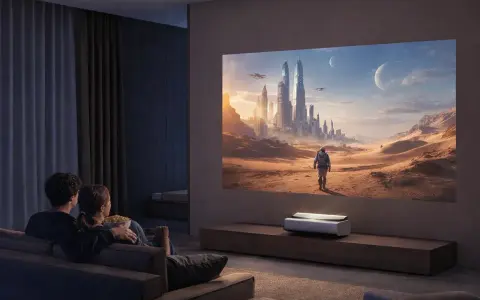 Para ogląda film na wielkim ekranie, gdzie projektor zamiast tv wyświetla futurystyczne miasto na pustyni.