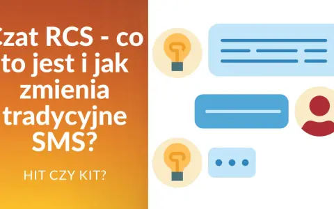 Czat RCS - co to jest i jak zmienia tradycyjne SMS? Ikony czatu i żarówki sugerują innowację.