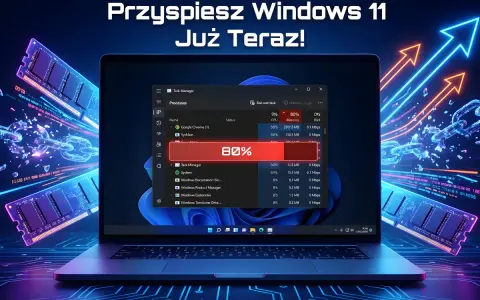 Optymalizacja Windows 11: menedżer zadań pokazuje 80% użycia pamięci, a obok moduły RAM i strzałki wzrostu.