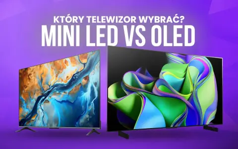 Dwa telewizory, jeden z abstrakcyjnym obrazem w odcieniach niebieskiego i pomarańczowego, drugi z kolorowymi falami. Porównanie technologii: MINI LED vs OLED.