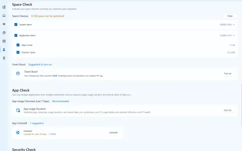 Microsoft PC Manager: Sprawdź stan dysku, optymalizuj miejsce (9.1GB do zwolnienia), włącz Smart Boost i analizuj użycie aplikacji.