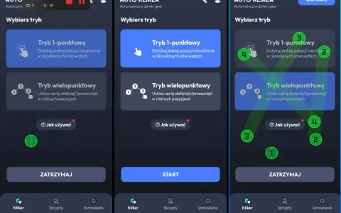 Ekran aplikacji auto clicker z opcjami trybu 1-punktowego i wielopunktowego. Widoczne są przyciski "Start", "Zatrzymaj" i "Gotowe".