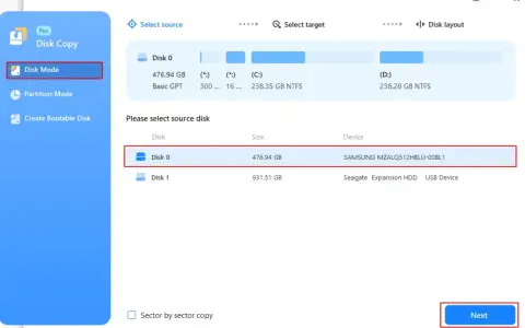 Interfejs programu do kopiowania dysków. Wybrano tryb "Disk Mode", zaznaczono "Disk 0" jako dysk źródłowy, gotowy do wykonania operacji, jak sklonować dysk.