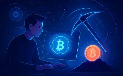 Mężczyzna przy komputerze uczy się, jak kopać kryptowaluty na PC. Wirtualna sieć i symbol Bitcoina sugerują cyfrowy świat.