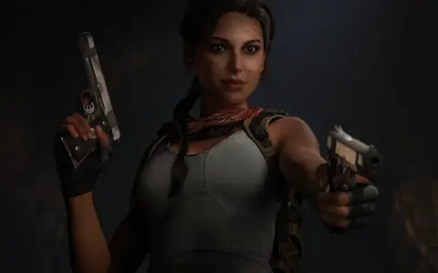 Lara Croft, w nowym tomb raider, gotowa do akcji z dwoma pistoletami.