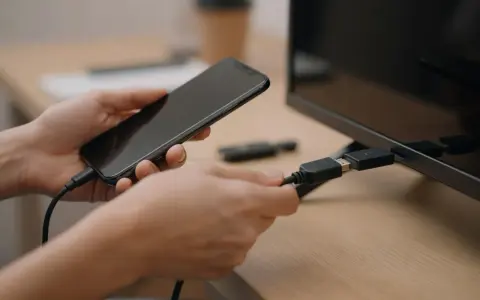 Ręce łączą smartfon z telewizorem za pomocą kabla USB-C. Dowiedz się, jak połączyć się z telewizorem, by cieszyć się większym ekranem.