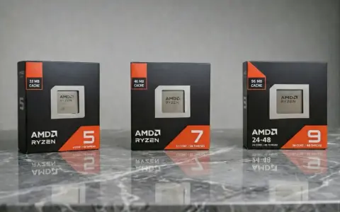 Trzy pudełka z procesorami nowe procesory AMD Ryzen 5, 7 i 9, z różną ilością pamięci cache i rdzeni.