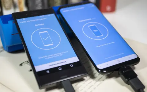 Dwa telefony połączone kablem USB. Jeden pokazuje "Gotowe", drugi "100%". To pokazuje, jak przenieść dane z telefonu na telefon.
