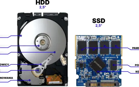 Porównanie rodzajów dysków twardych: HDD z wirującymi dyskami i głowicami oraz SSD z pamięcią flash i kontrolerem.