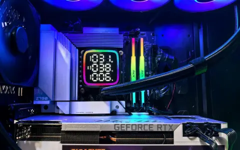 Wnętrze komputera z podświetlaną kartą graficzną GeForce RTX i wyświetlaczem temperatury CPU. Idealne do naprawy kart graficznych.