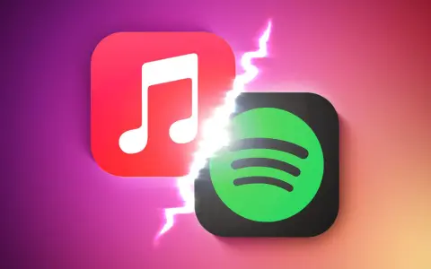Logo Apple Music i Spotify obok siebie, rozdzielone błyskawicą. Który wybierasz: Apple Music czy Spotify?