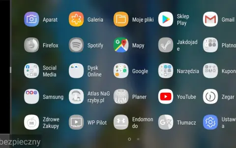 Ekran telefonu z ikonami aplikacji. Widoczny jest pasek "Tryb bezpieczny", co sugeruje, jak włączyć tryb awaryjny w telefonie.