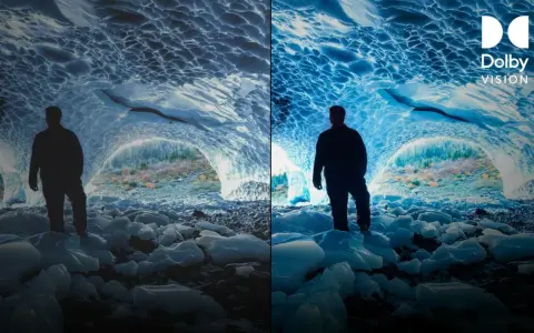 Porównanie obrazu z i bez Dolby Vision. Widok jaskini lodowej z postacią, gdzie Dolby Vision podkreśla głębię i kolory.