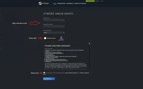 Tworzenie konta Steam, wpisanie adresu e-mail i potwierdzenie akceptacji warunków, aby móc dokonać steam aktywacja klucza.