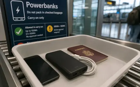 Na lotnisku, na taśmie do kontroli bezpieczeństwa, leżą telefon, powerbank i paszport. Znak informuje, jaki powerbank do samolotu można zabrać.