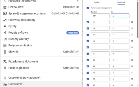 Ustawienia automatycznego zastępowania w dokumencie, gdzie "par." zamienia się na §. Widoczne są też inne skróty, np. (c) na ©.