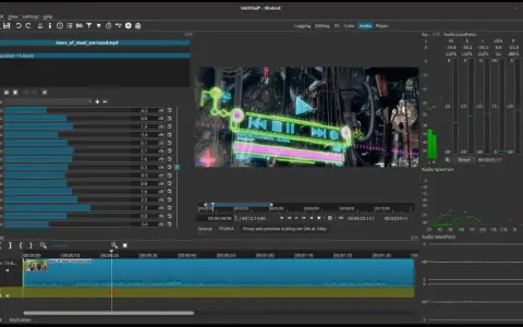 Shotcut, program do łączenia filmów, z widocznym edytorem audio i wizualizacją dźwięku.