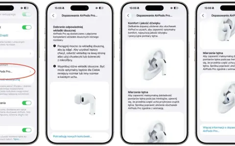 Ekran ustawień AirPods Pro 3 z opcją dopasowania i pomiaru tętna.