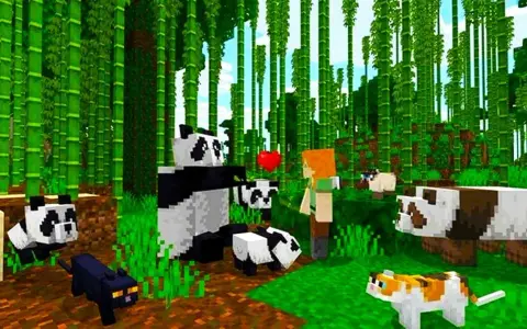 W bambusowym lesie Minecraft, Alex i pandy cieszą się wspólnym czasem. Dowiedz się, jak zainstalować mody do Minecraft, by dodać więcej zwierząt i przygód!