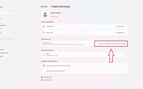 Ustawienia konta Windows 11: opcja "Zamiast tego zaloguj się za pomocą konta lokalnego" pozwala na zmianę sposobu logowania.