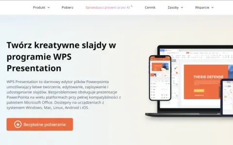 Strona do robienia prezentacji WPS Presentation. Twórz kreatywne slajdy na komputerze, telefonie i tablecie. Darmowy edytor kompatybilny z PowerPoint.