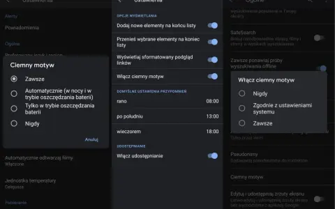 Ustawienia telefonu z włączonym ciemnym motywem Google. Wybór opcji: Zawsze, Automatycznie, Tylko w trybie oszczędzania baterii lub Nigdy.