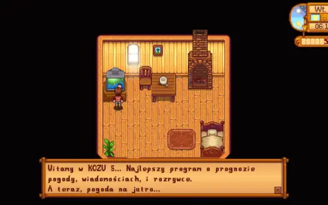 Postać w Stardew Valley słucha prognozy pogody w spolszczeniu.