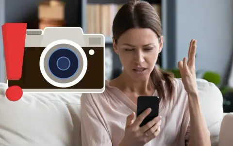 Kobieta zmartwiona, bo jej Samsung ma błąd kamery. Czerwony wykrzyknik obok ikony aparatu.