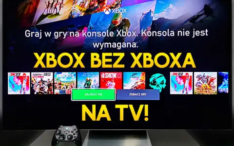 Graj w gry na telewizor bez konsoli Xbox! Ekran TV wyświetla kolekcję gier, zachęcając do zabawy.