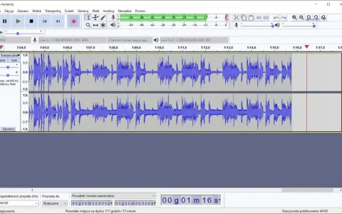 Audacity - program do nagrywania dźwięku, pokazuje dwie ścieżki audio z falami dźwiękowymi.