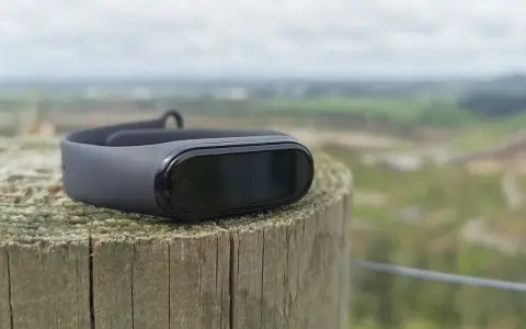 Czarny Mi Band 4 na drewnianym słupku, idealny do śledzenia aktywności. To najlepsza aplikacja do Mi Band 4 dla aktywnych osób.
