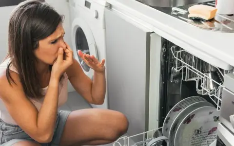 Nieprzyjemny zapach ze zmywarki Electrolux? Czas na czyszczenie! Kobieta zatyka nos, widząc brudne naczynia.