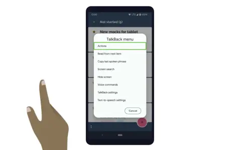 Menu TalkBack z opcjami, w tym "TalkBack settings", pomoże Ci dowiedzieć się, jak wyłączyć TalkBack.