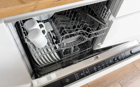 Wnętrze zmywarki Whirlpool 6th Sense z koszami pełnymi naczyń, w tym kubków i talerzy.