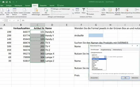 Excel blokowanie komórek: okno "Kontrola poprawności danych" z zaznaczoną opcją "Każda wartość" i zaznaczonym polem "Ignoruj puste komórki".