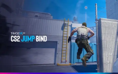 Gracz CS2 wykonuje skok z bindem, by zdobyć przewagę. Tradeit.gg prezentuje CS2 jump bind.