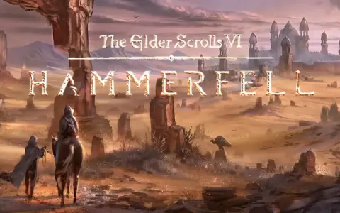 Krajobraz Hammerfell z gry The Elder Scrolls VI. Postacie wędrują przez pustynię w kierunku miasta.
