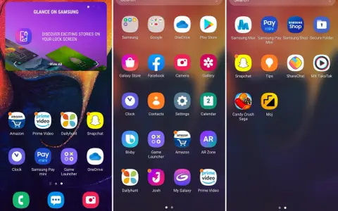 Ekran telefonu z ikonami aplikacji, w tym Samsung, Google, OneDrive, Play Store, Facebook, Snapchat. Widoczny też baner "Glance on Samsung" - to właśnie appcloud co to.