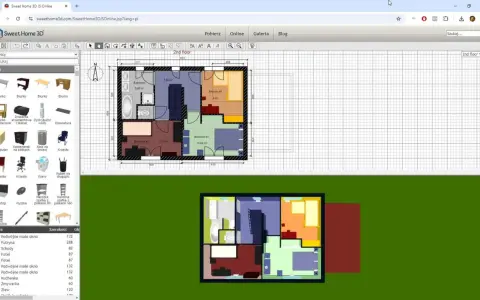 Program do projektowania domów Sweet Home 3D pokazuje rzut piętra z pokojami i meblami.