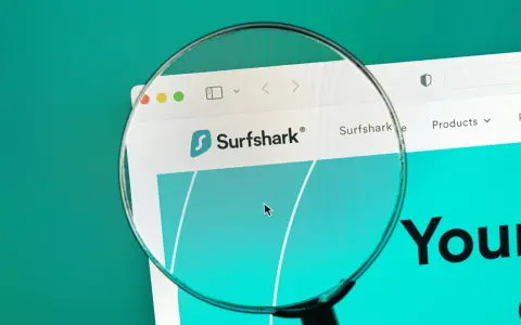Lupa w telefonie powiększa logo Surfshark i fragment strony internetowej.